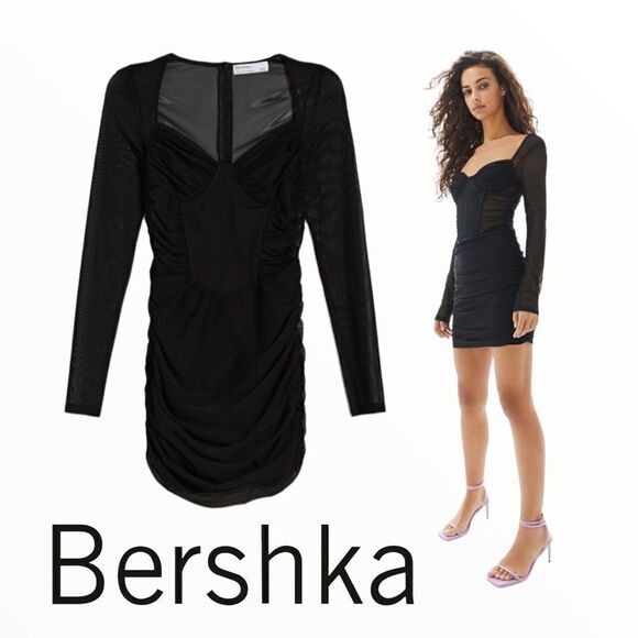 BERSHKA | Black | TULLE DRESS with DRAPED SIDES - Picture 1 of 13